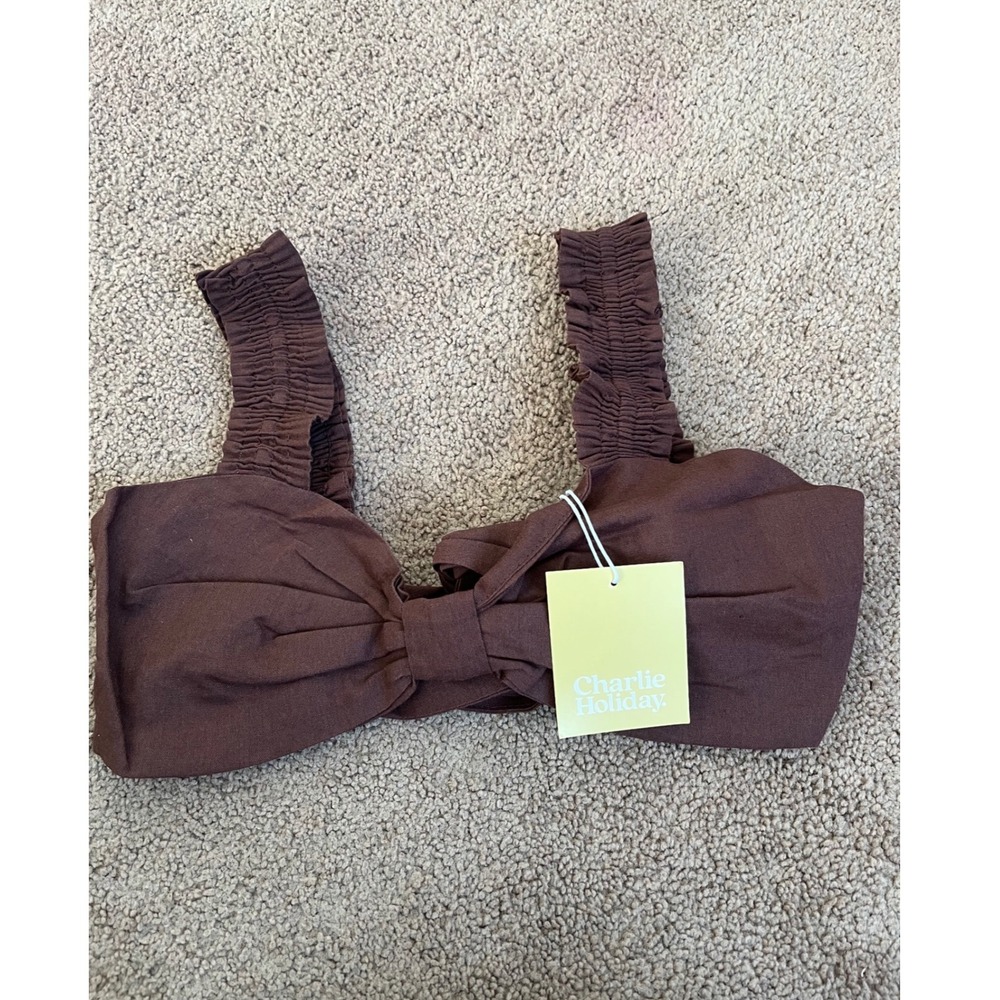 Charlie Holiday Diana Chocolate Brown Linen Blend Smocked Bow Crop Top S (4) NEW